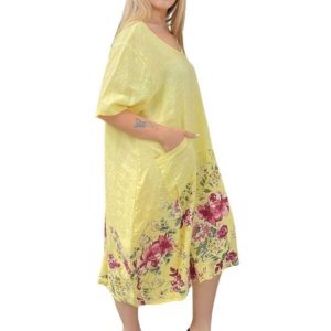 LEMON YELLOW – Italian Made Linen Upward Curve Floral Print Hem Midi Dress