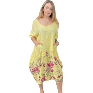 LEMON YELLOW – Italian Made Linen Upward Curve Floral Print Hem Midi Dress