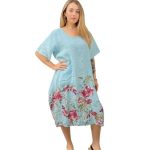 1737 - SKY BLUE - Italian Made Linen Upward Curve Floral Print Hem Midi Dress $162.95-3