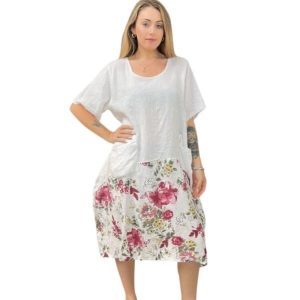 WHITE - Italian Made Linen Upward Curve Floral Print Hem Midi Dress