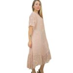 Italian Made Linen 1-2 Floral Check Lace Sleeve & Border Midi Dress - Pale Pink - 2177 139.95-1