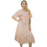 Linen 1/2 Floral Check Lace Sleeve & Border Midi Dress – Pale Pink