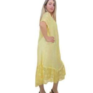 Linen 1/2 Floral Check Lace Sleeve & Border Midi Dress – Lemon Yellow