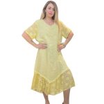 Italian Made Linen half Floral Check Lace Sleeve & Border Midi Dress - Lemon Yellow- 2177 $139.95-4