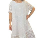 Italian Made Linen half Floral Check Lace Sleeve & Border Midi Dress - White - 2177 $139.95-1