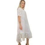 Italian Made Linen half Floral Check Lace Sleeve & Border Midi Dress - White - 2177 $139.95-2