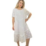 Linen 1/2 Floral Check Lace Sleeve & Border Midi Dress – White