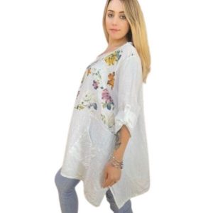 Linen Tunic Top With Half Floral Front Print